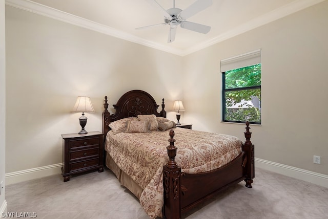 bedroom featuring ceiling fan and crown molding