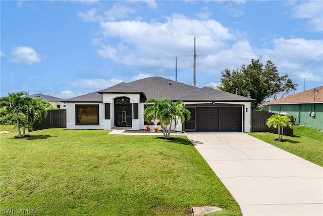 view of front of house with an attached garage, fence, driveway, and a front lawn