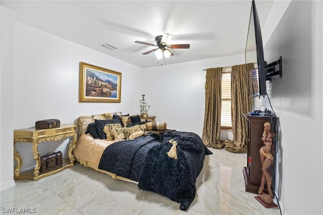 bedroom featuring visible vents and a ceiling fan