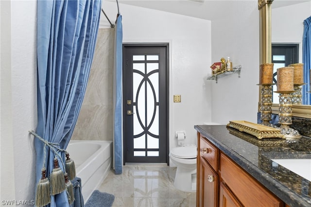 full bathroom featuring tile patterned flooring, lofted ceiling, toilet, vanity, and shower / tub combo with curtain