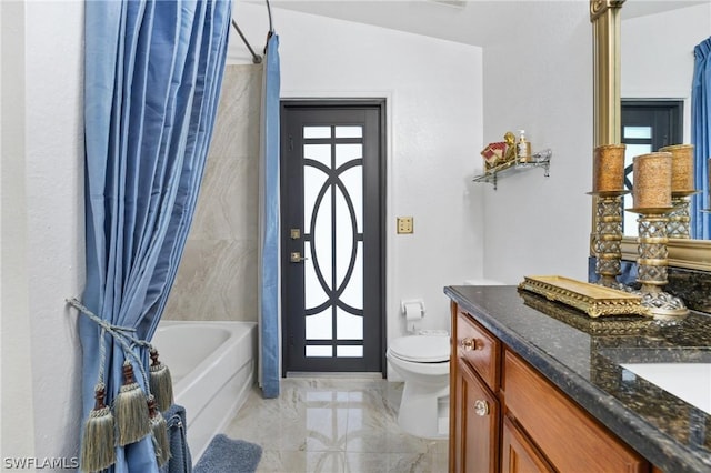 bathroom featuring plenty of natural light, toilet, marble finish floor, shower / bath combination with curtain, and vanity