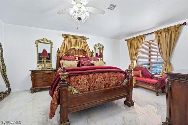 bedroom featuring marble finish floor, visible vents, and ceiling fan