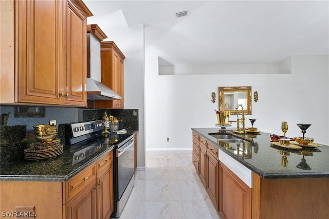 kitchen featuring a sink, marble finish floor, stainless steel electric stove, dark stone counters, and brown cabinetry