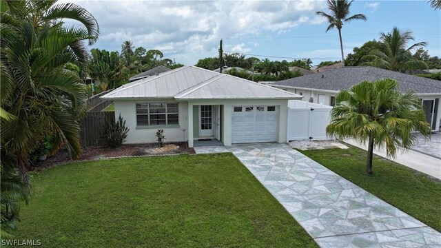 ranch-style home with a garage and a front yard