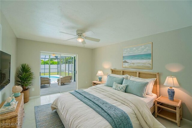 tiled bedroom with access to exterior and ceiling fan