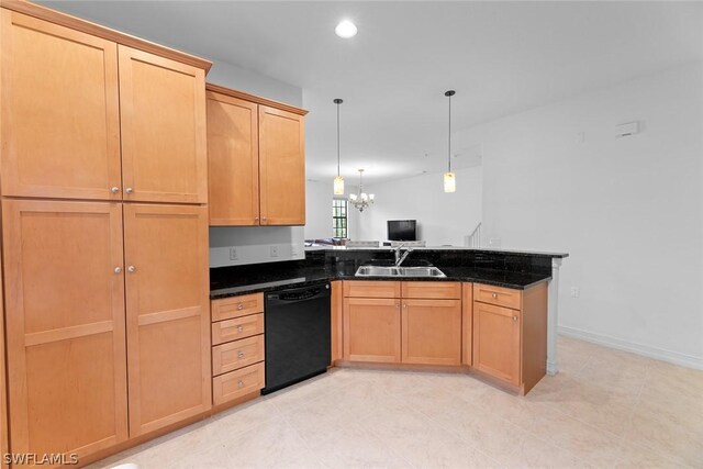 kitchen featuring black dishwasher, dark stone counters, sink, kitchen peninsula, and hanging light fixtures