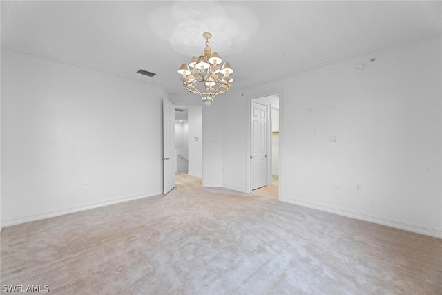 unfurnished bedroom with a chandelier, light colored carpet, visible vents, baseboards, and ornamental molding