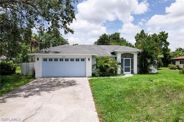 ranch-style house with a front lawn and a garage