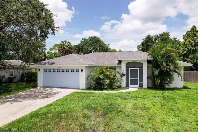 ranch-style home featuring a garage and a front yard