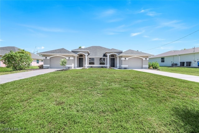 single story home with a front yard, a garage, and cooling unit