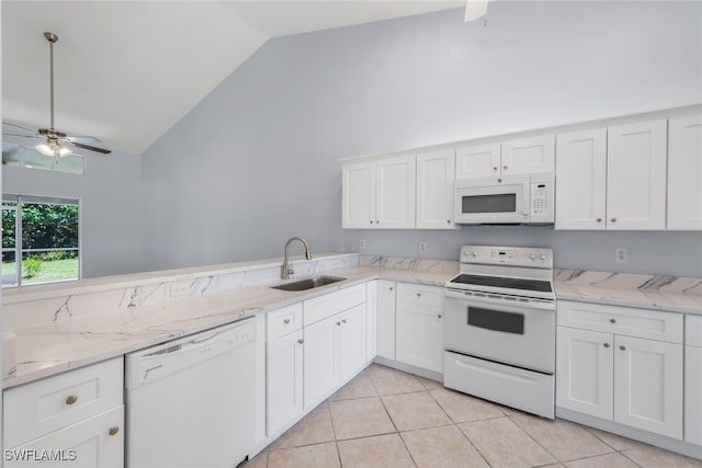 kitchen featuring white cabinetry, sink, light stone counters, white appliances, and ceiling fan