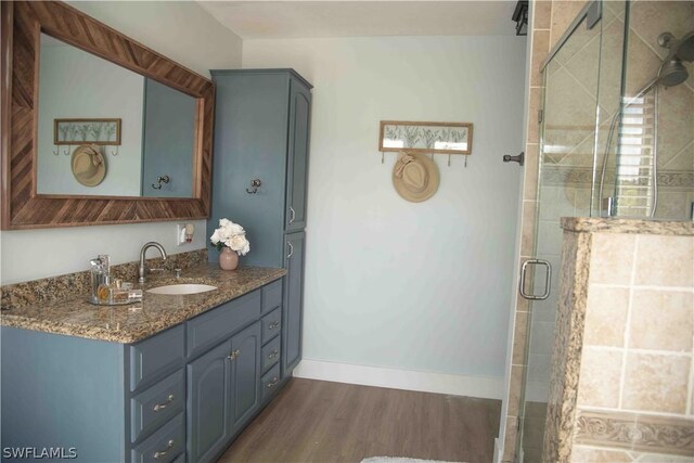 bathroom featuring hardwood / wood-style floors, vanity, and a shower with shower door