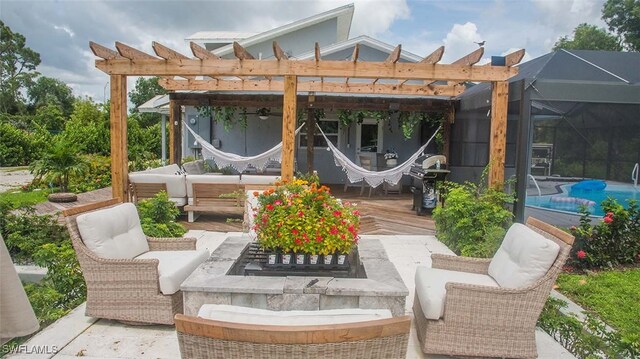 view of patio with an outdoor living space, a pergola, and grilling area