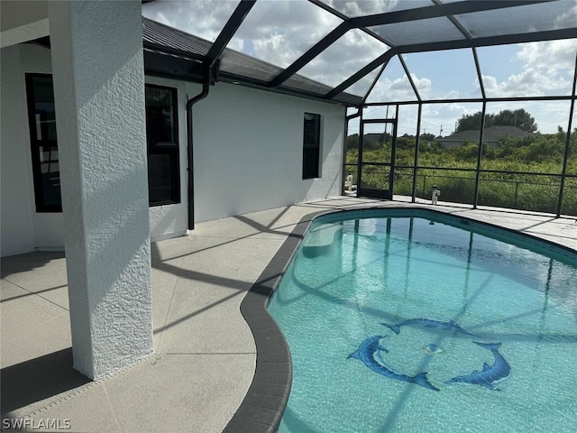 view of swimming pool with a patio and a lanai