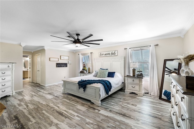 bedroom with multiple windows, light hardwood / wood-style flooring, and ornamental molding