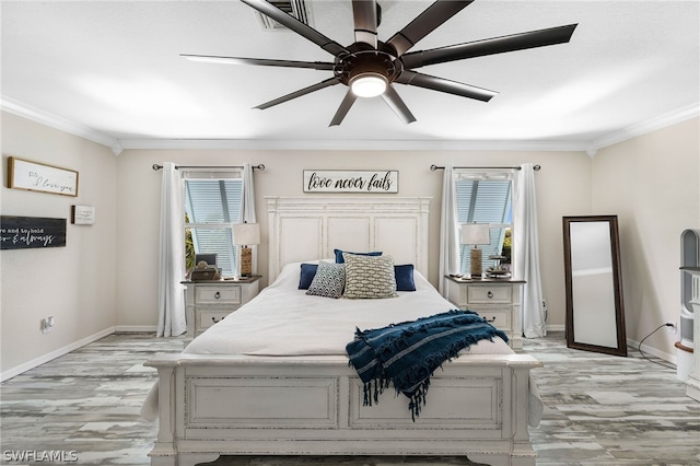 bedroom featuring crown molding, ceiling fan, multiple windows, and light hardwood / wood-style flooring