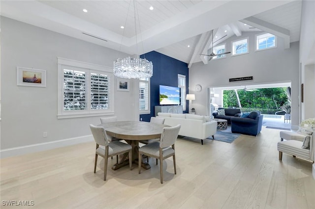 dining space with high vaulted ceiling, light wood-type flooring, beamed ceiling, and baseboards