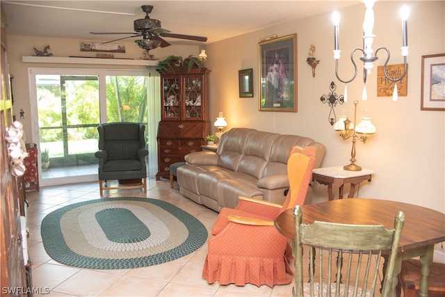 tiled living room with ceiling fan