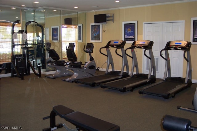 workout area featuring ornamental molding