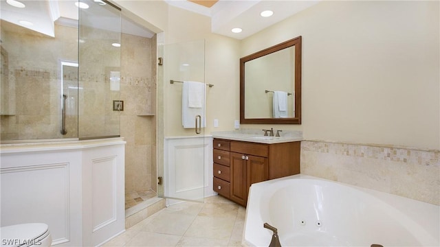 bathroom with independent shower and bath, vanity, tile patterned floors, and crown molding