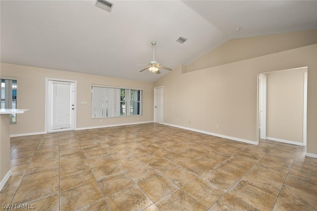 unfurnished living room featuring vaulted ceiling and ceiling fan