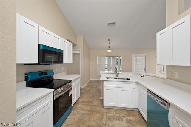 kitchen with black appliances, sink, hanging light fixtures, white cabinetry, and kitchen peninsula