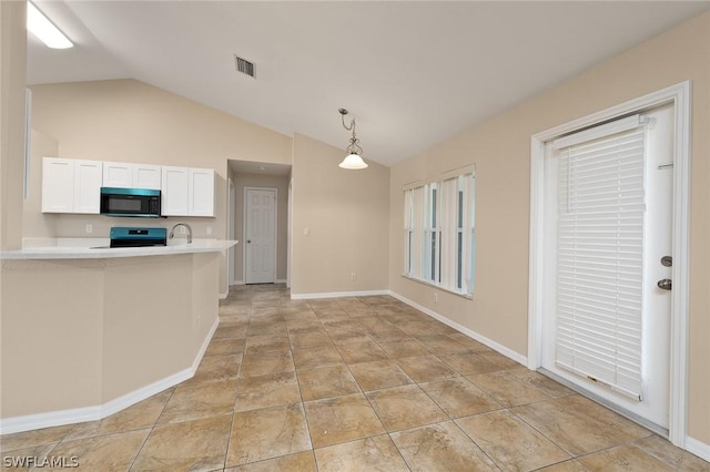 kitchen featuring kitchen peninsula, vaulted ceiling, black range, white cabinets, and hanging light fixtures