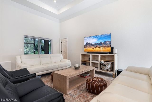 living room featuring a towering ceiling