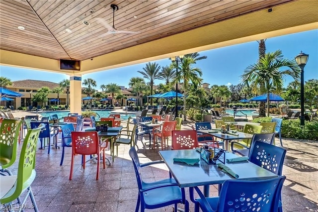 view of patio featuring ceiling fan and a community pool