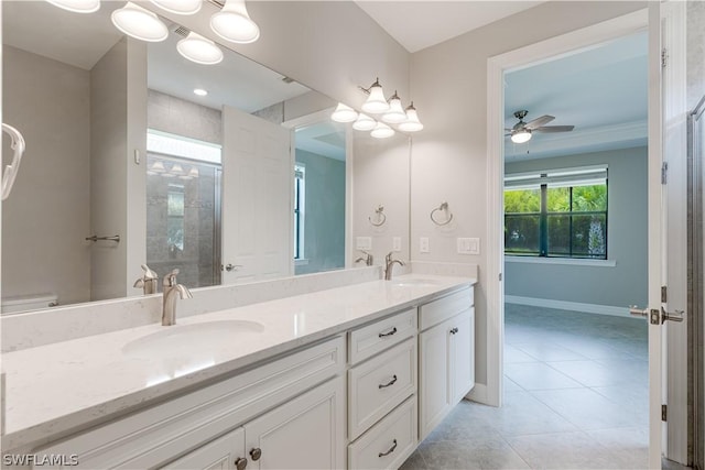 bathroom with vanity, tile patterned flooring, ceiling fan, and a shower with shower door