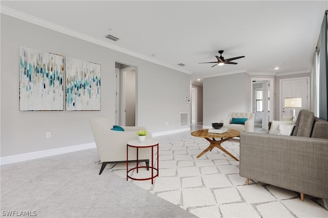 living room featuring ceiling fan and crown molding