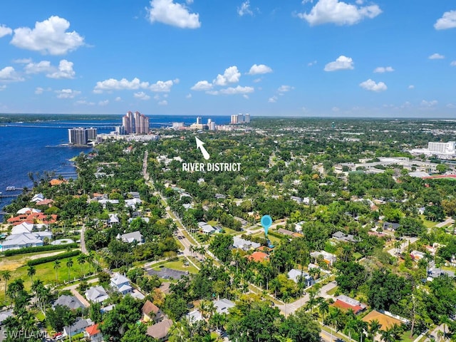 drone / aerial view with a water view