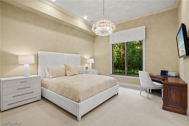 bedroom featuring crown molding, light colored carpet, and a notable chandelier