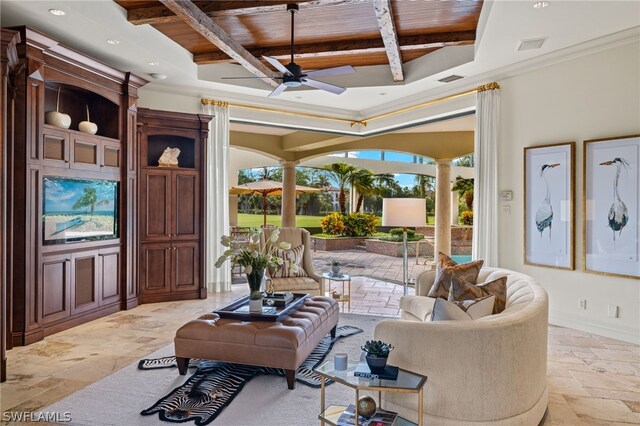 living room with crown molding, wood ceiling, and beamed ceiling