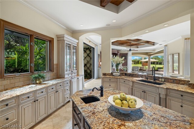 kitchen featuring tasteful backsplash, sink, crown molding, and light stone countertops