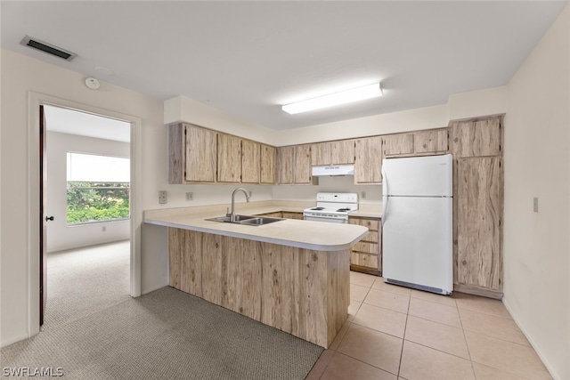 kitchen featuring sink, kitchen peninsula, white appliances, and light colored carpet