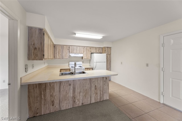 kitchen featuring sink, kitchen peninsula, white appliances, and light tile patterned floors