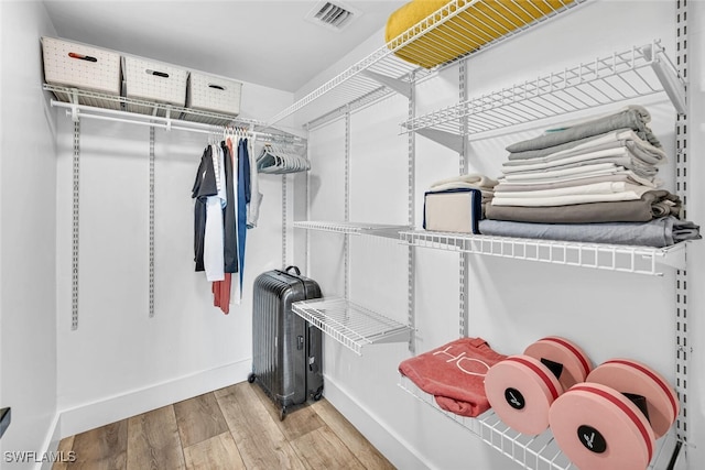 walk in closet with radiator and light hardwood / wood-style flooring