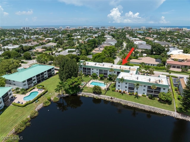 aerial view featuring a water view