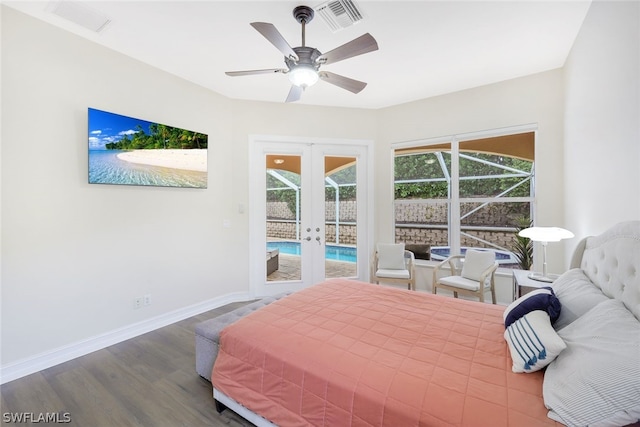 bedroom featuring french doors, ceiling fan, hardwood / wood-style flooring, and access to outside