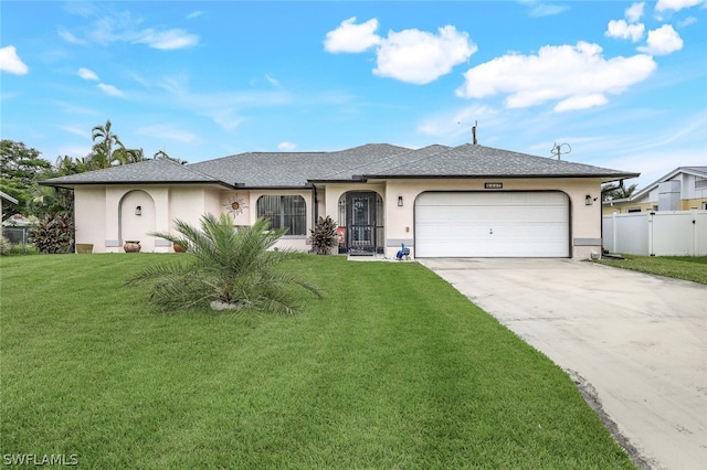 single story home featuring a front yard and a garage