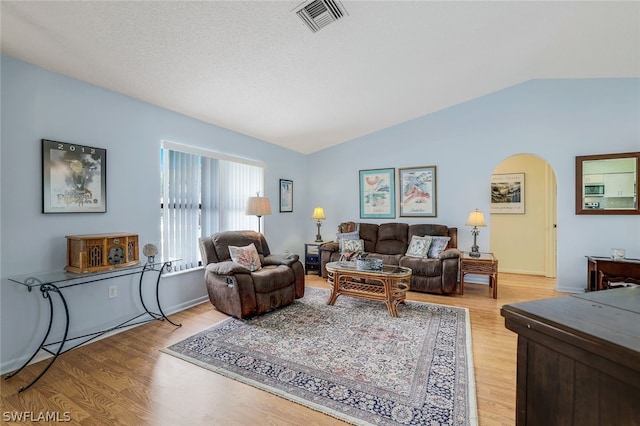 living room featuring vaulted ceiling and light hardwood / wood-style floors