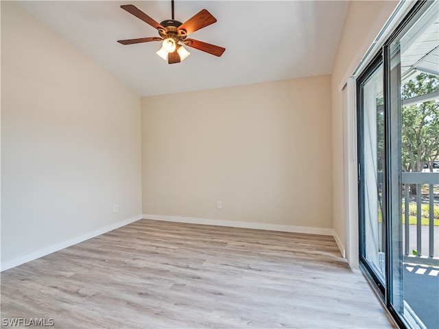 unfurnished room with plenty of natural light, light hardwood / wood-style flooring, and ceiling fan