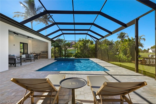 4406 SW 16th Pl, Cape Coral, FL 33914 - outdoor pool featuring outdoor lounge area, a patio, a ceiling fan, and a lanai
