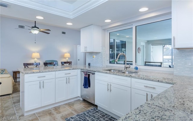 kitchen featuring sink, white cabinets, dishwasher, and kitchen peninsula