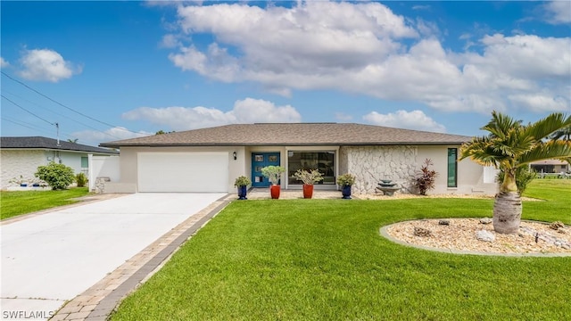 single story home with a front yard and a garage