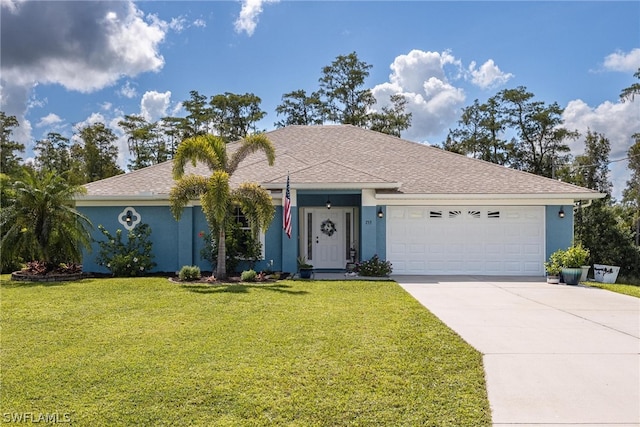 ranch-style house featuring a garage and a front lawn