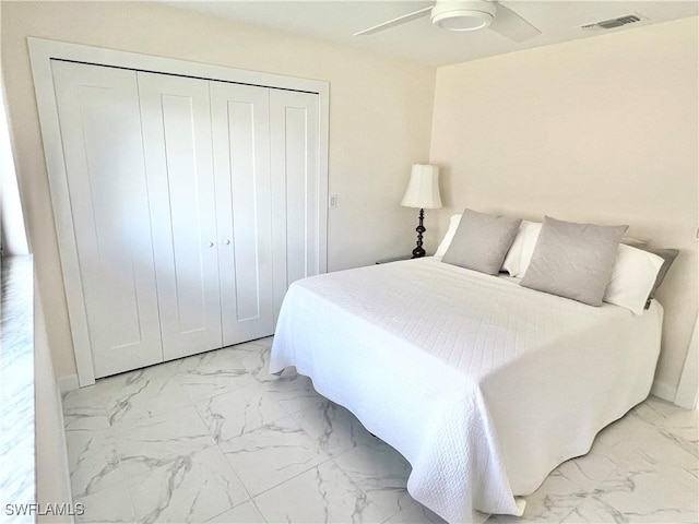 bedroom with ceiling fan and a closet