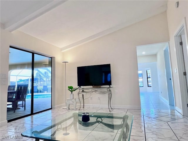 living room featuring lofted ceiling