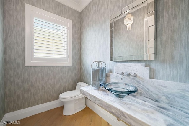 bathroom featuring hardwood / wood-style flooring, toilet, crown molding, and sink